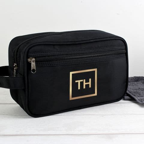 Personalised Gold Initials Black Wash Bag