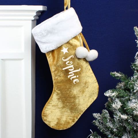 Personalised Gold Pom Pom Luxury Christmas Stocking any name
