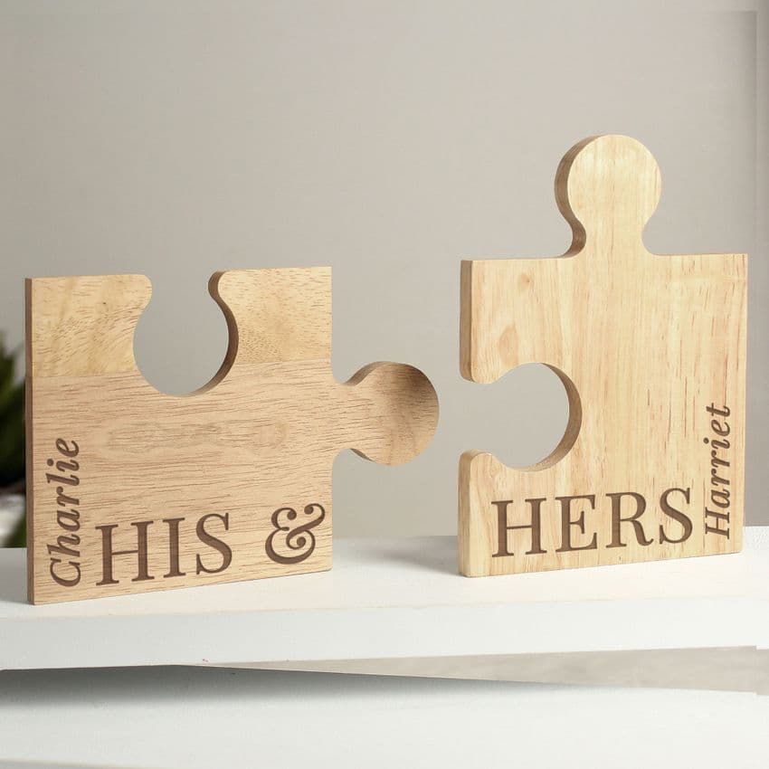 Personalised His & Hers Wooden Jigsaw Peices Coaster Set Wedding Anniversary Gift 5th Wooden Anniversary present
