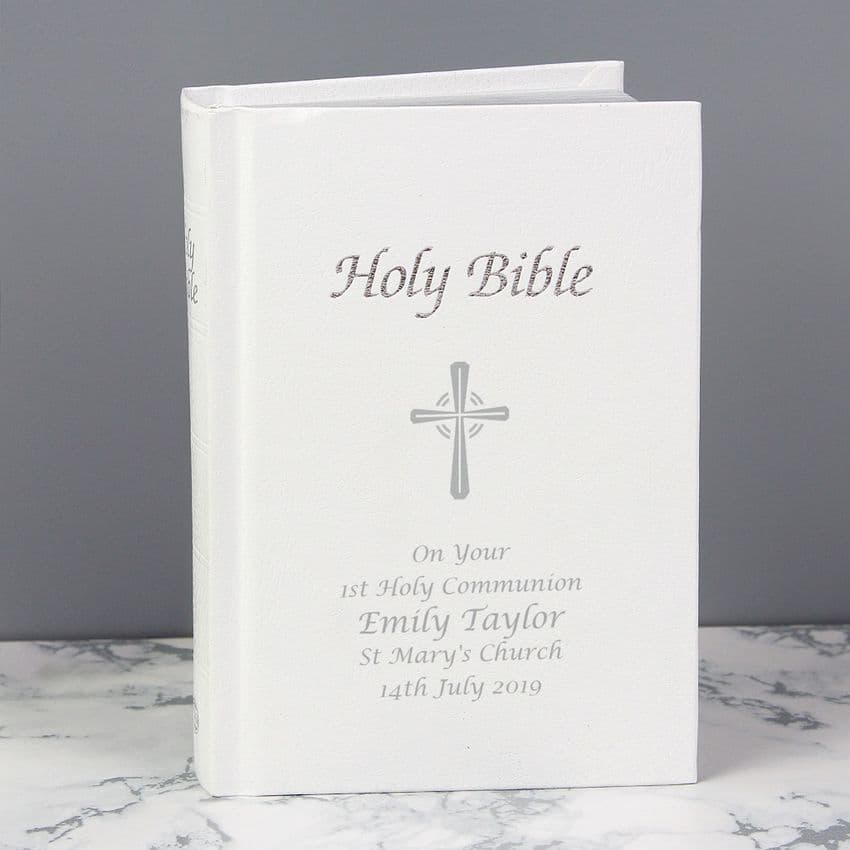 Personalised White Holy Bible Gift For Christening, Holy Communion and Confirmation