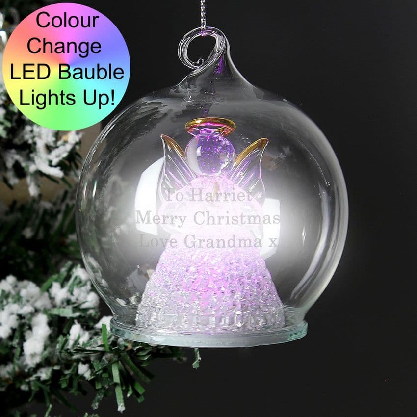 Personalised light up Christmas Tree Bauble Glass Angel Colour Changing LED Decoration