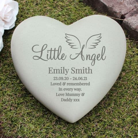 Personalised Little Angel Heart Memorial Stone Grave and Garden Ornament Tribute