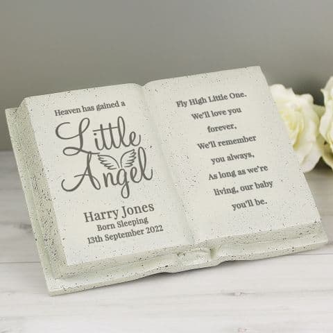 Personalised Little Angel Memorial Book Shape Grave and Garden Stone Ornament