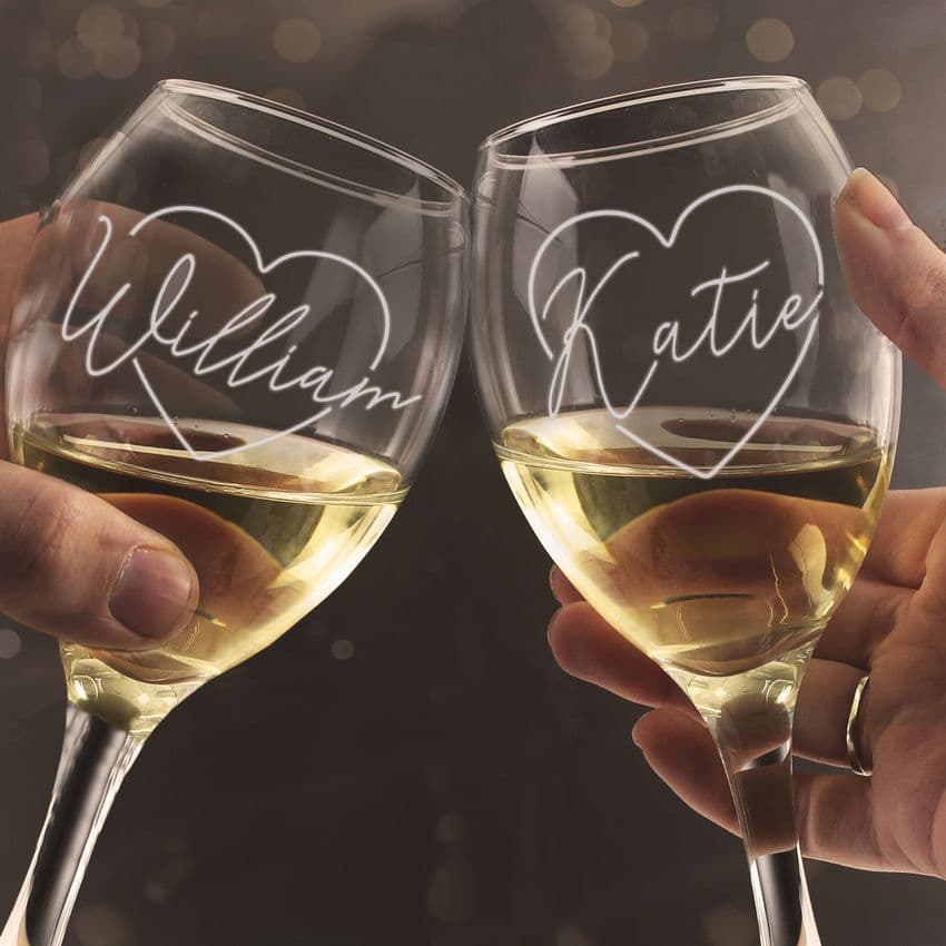 Personalised engraved Matching Pair Of Wine Glasses Wedding, Anniversary and Valentines Gift. Add any names.