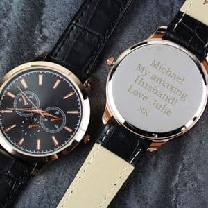 Personalised Mens Rose Gold Watch with Black Strap