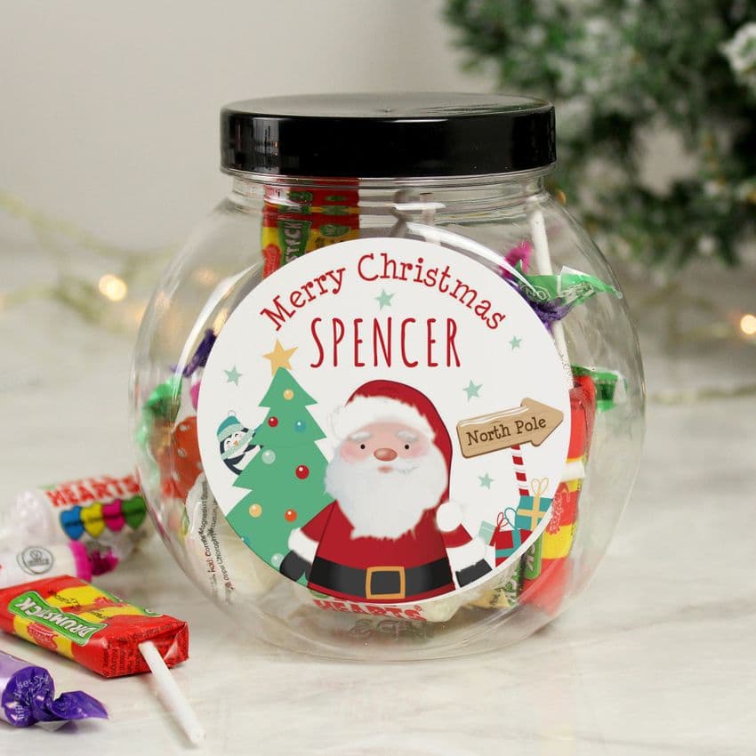 Personalised Mini Sweet Jar Christmas Gift Santa Design.  Perfect for table gift at Christmas.