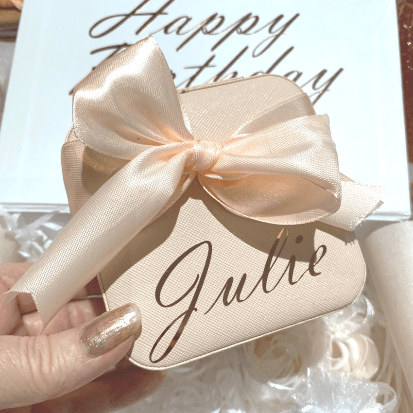 Personalised mini travel jewellery box With Ribbon and luxury foil script name