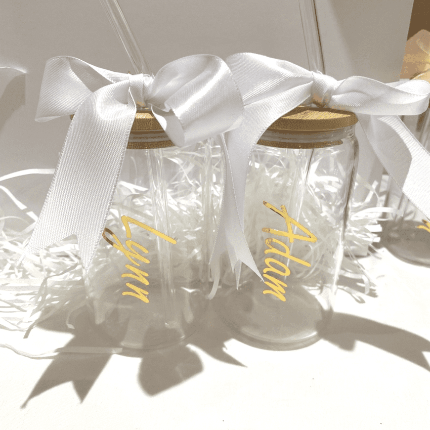 Personalised Modern glass can shape drinking cup with bamboo lid. With ...