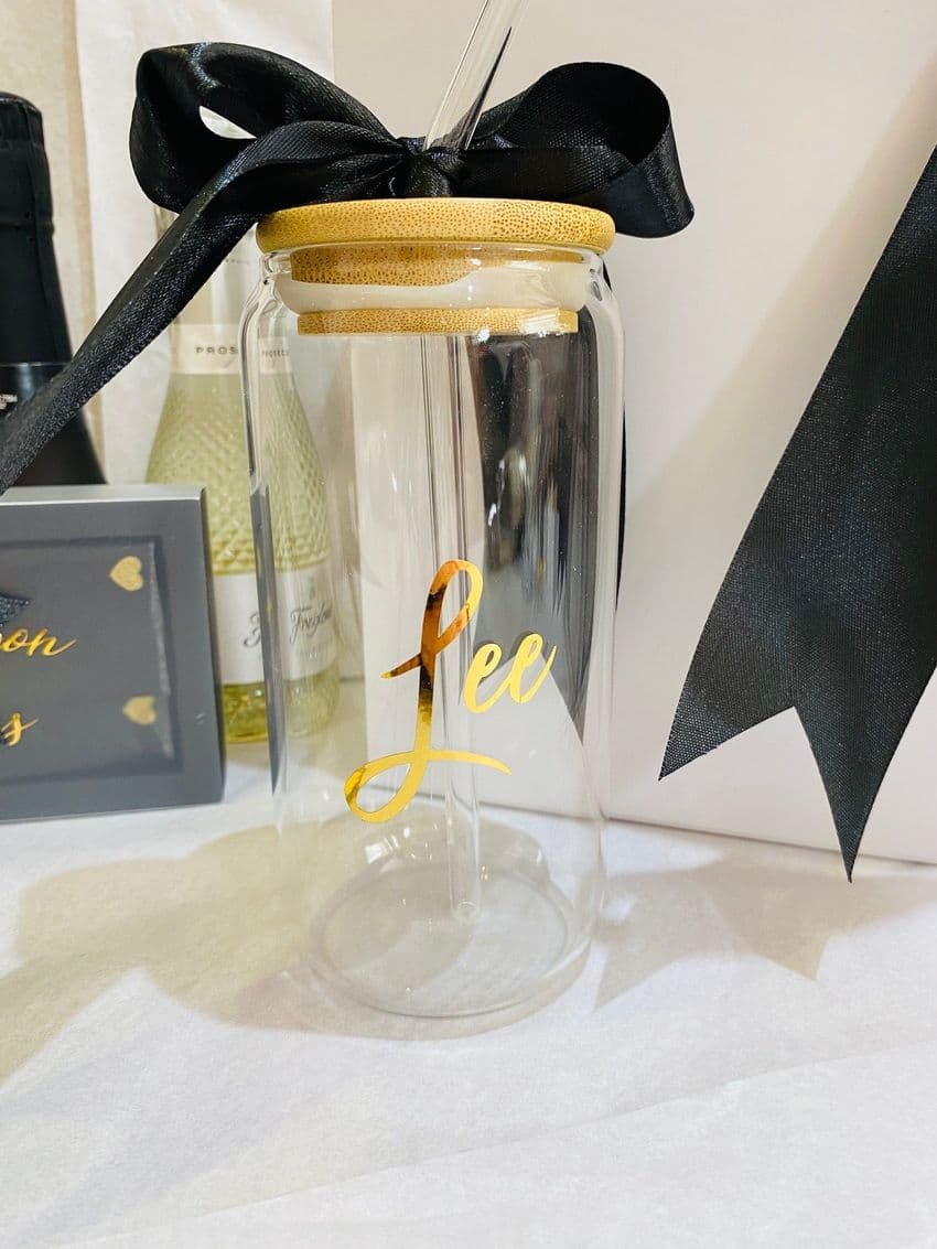 Personalised Modern glass can shape drinking cup with bamboo lid. With Ribbon and luxury foil script name