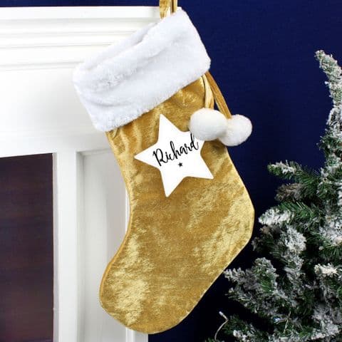 Personalised Name In A Star Gold Pom Pom Luxury Christmas Stocking any name