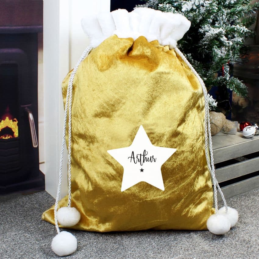 Personalised Name In A Star Luxury Gold Christmas Pom Pom Sack