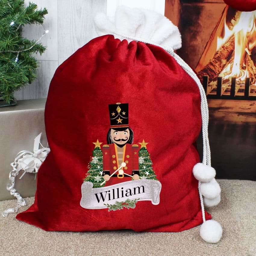Personalised Nutcracker Design Red & White Faux Fur luxury Christmas Sack.  Add any name.