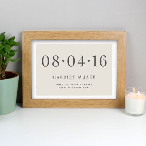 Personalised Oak Framed Print Special Date Valentines Day, Wedding, Anniversary & New Baby Gift A4