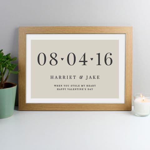 Personalised Oak Framed Print Special Date Valentines Day, Wedding, Anniversary & New Baby Gift A3