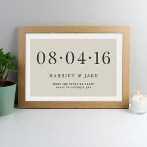 Personalised Oak Framed Print Special Date Valentines Day, Wedding, Anniversary & New Baby Gift A3
