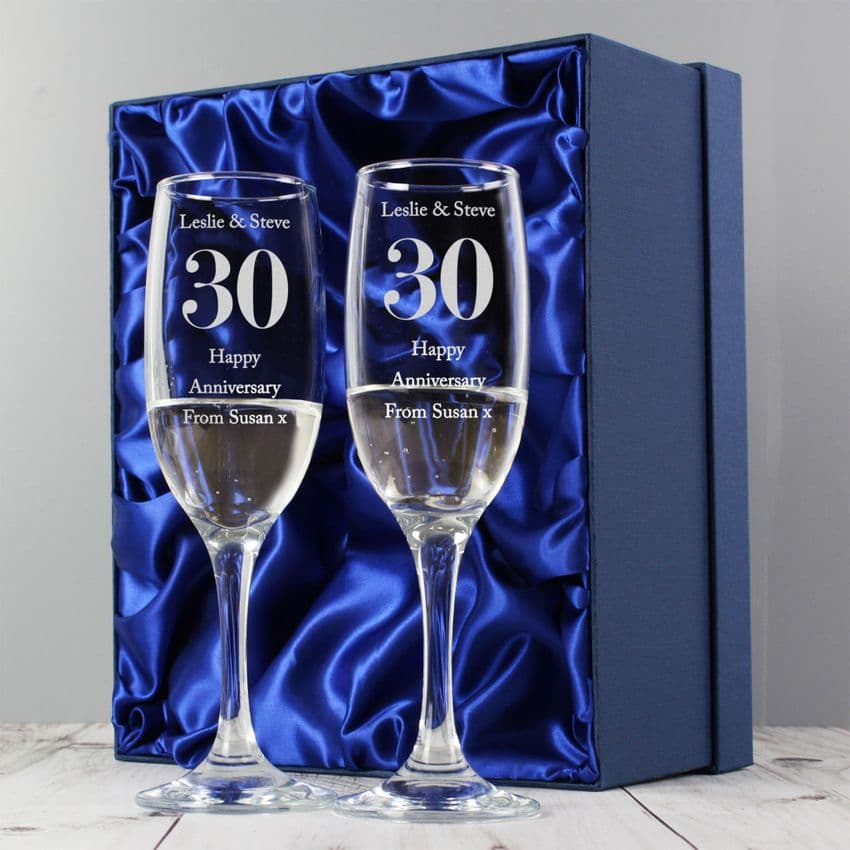 Personalised Pair Of Anniversary Champagne Flutes Add Any Number and a special message for a thoughtful anniversary present.