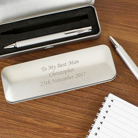 Personalised Pen Set Gift In Engraved Silver Box