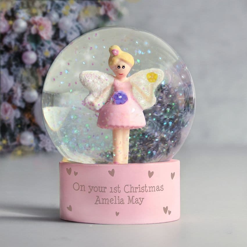 Personalised Pink Fairy Christmas Glitter Snow Globe Gift engraved with any message