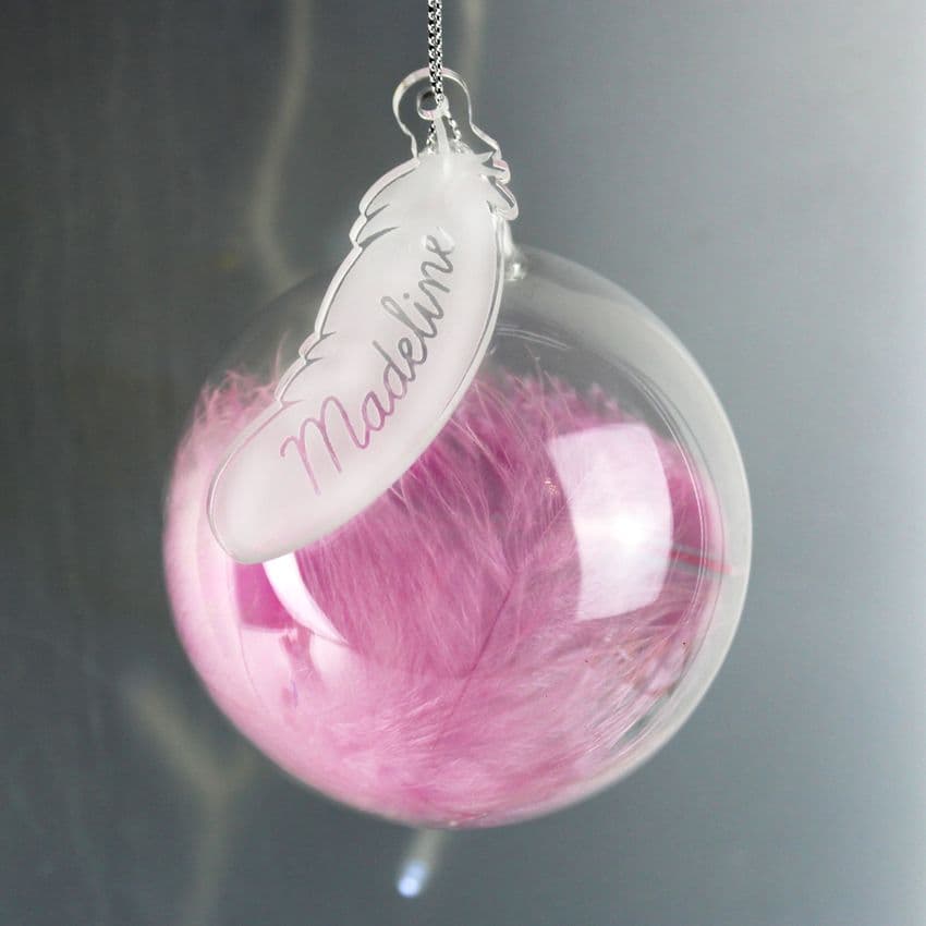 Personalised Pink Feather Christmas Bauble Gift Keepsake. Engrave with any name for a truly unique Christmas gift.