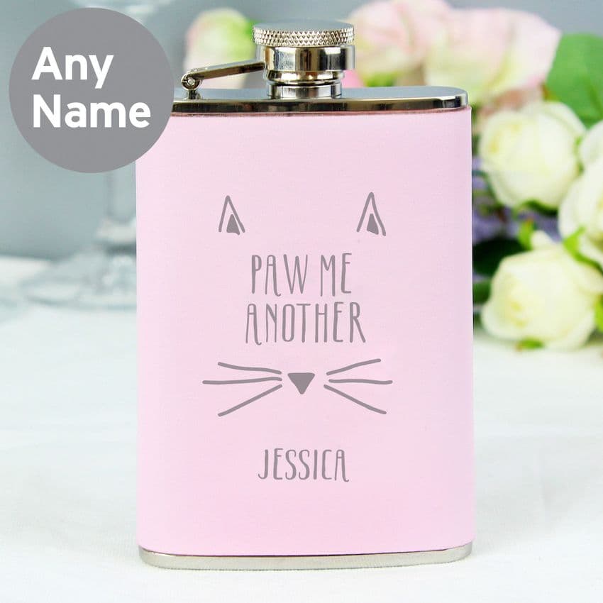 Personalised Pink Hip Flask - Paw Me Another Cat Design Gift for friends and galentines day.