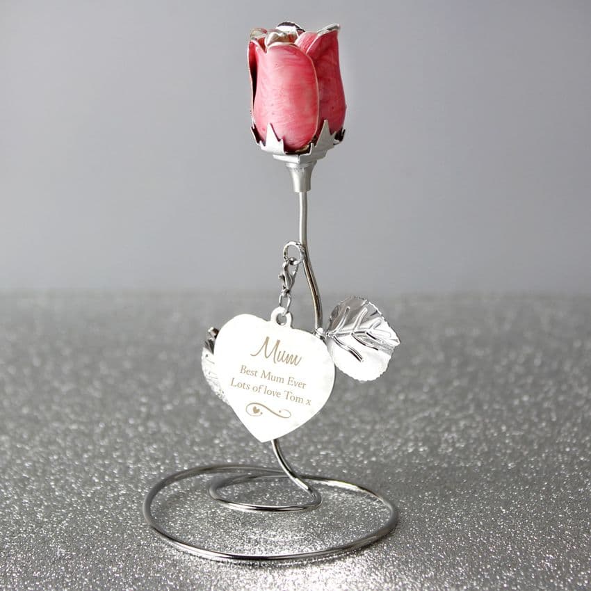 Personalised Pink Rose Bud Ornament Gift and Keepsake engraved with personal message