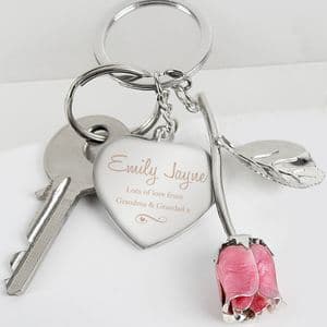 Personalised Pink Rose & Heart Silver Keyring Bag Charm Gift