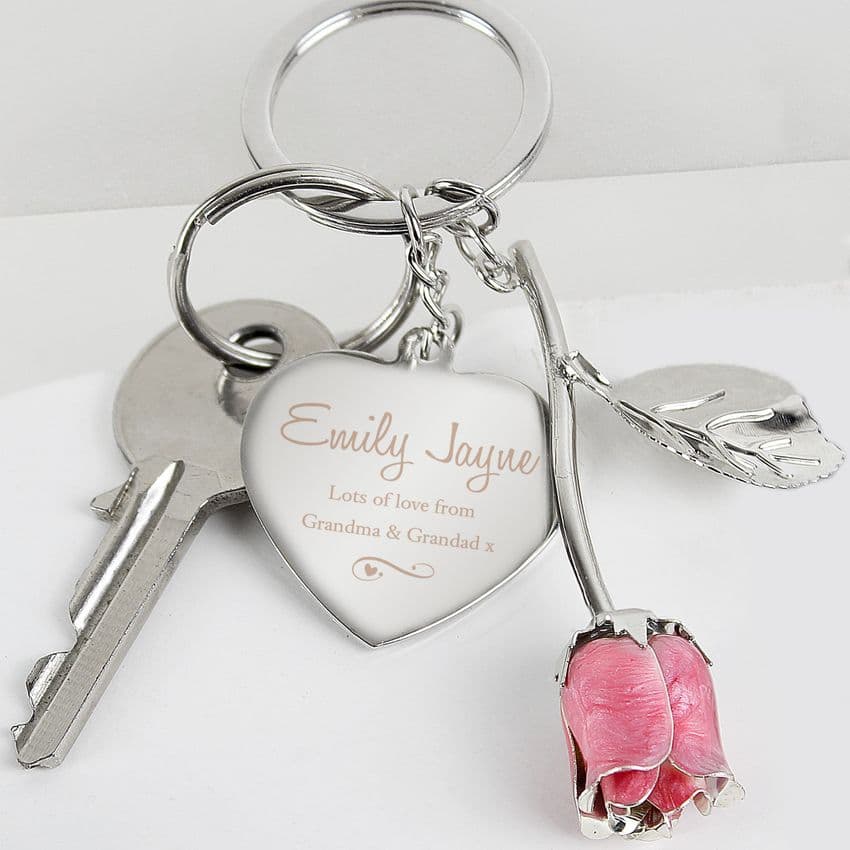 Personalised Pink Rose & Heart Silver Plated Keyring Bag Charm Gift for Mothers Day.
