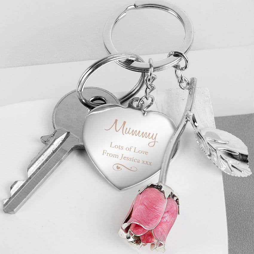 Personalised Pink Rose & Heart Silver Plated Keyring Bag Charm Gift for Mothers Day.
