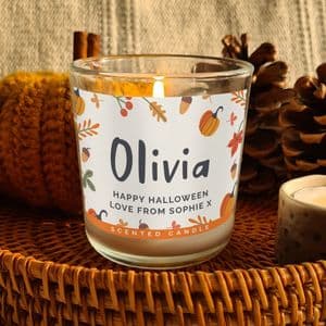 Personalised Pumpkin Scented Candle Halloween and Autumn Birthday Gift