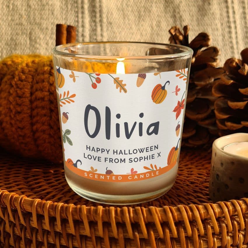 Personalised Pumpkin Scented Candle Halloween and Autumn Birthday Gift
