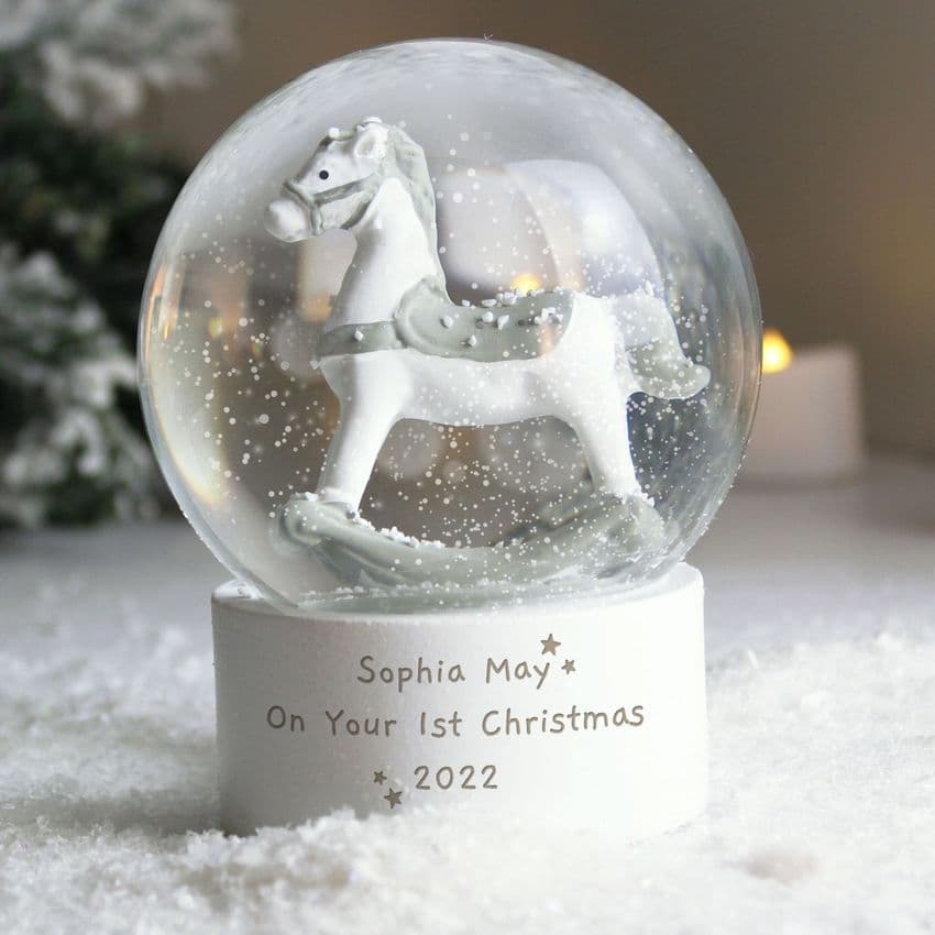 Personalised Rocking Horse first Christmas Glitter Snow Globe Gift engraved with any message
