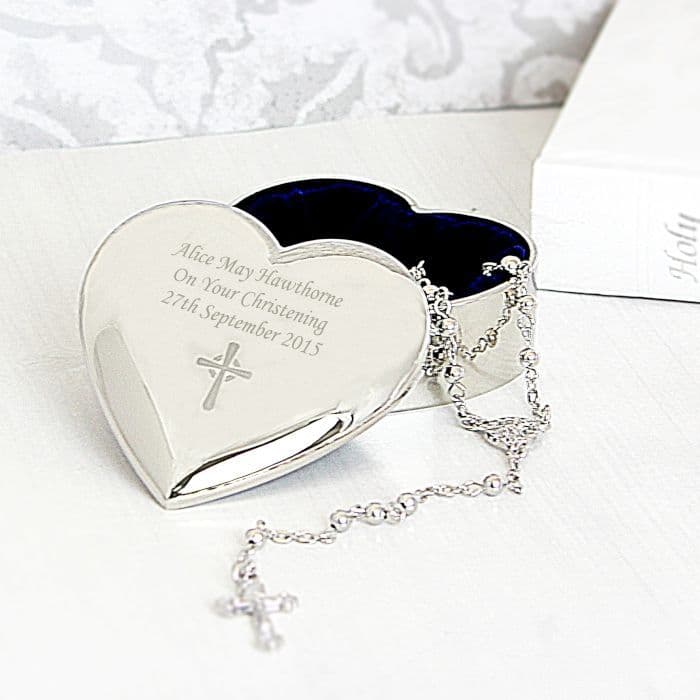 Personalised Rosary Beads In Silver Heart Trinket Box religious gift for Christening, Holy Communion and Confirmation