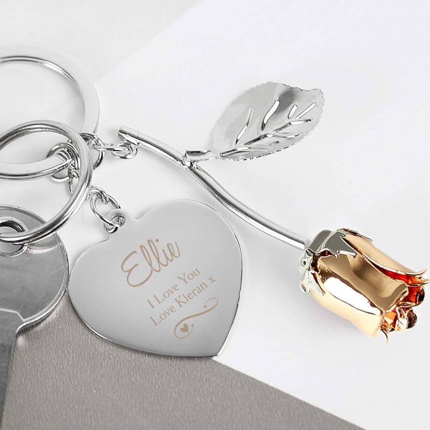 Personalised Rose Gold Heart Silver Plated Keyring Bag Charm Gift forValentines Day, Mothers Day and birthdays.