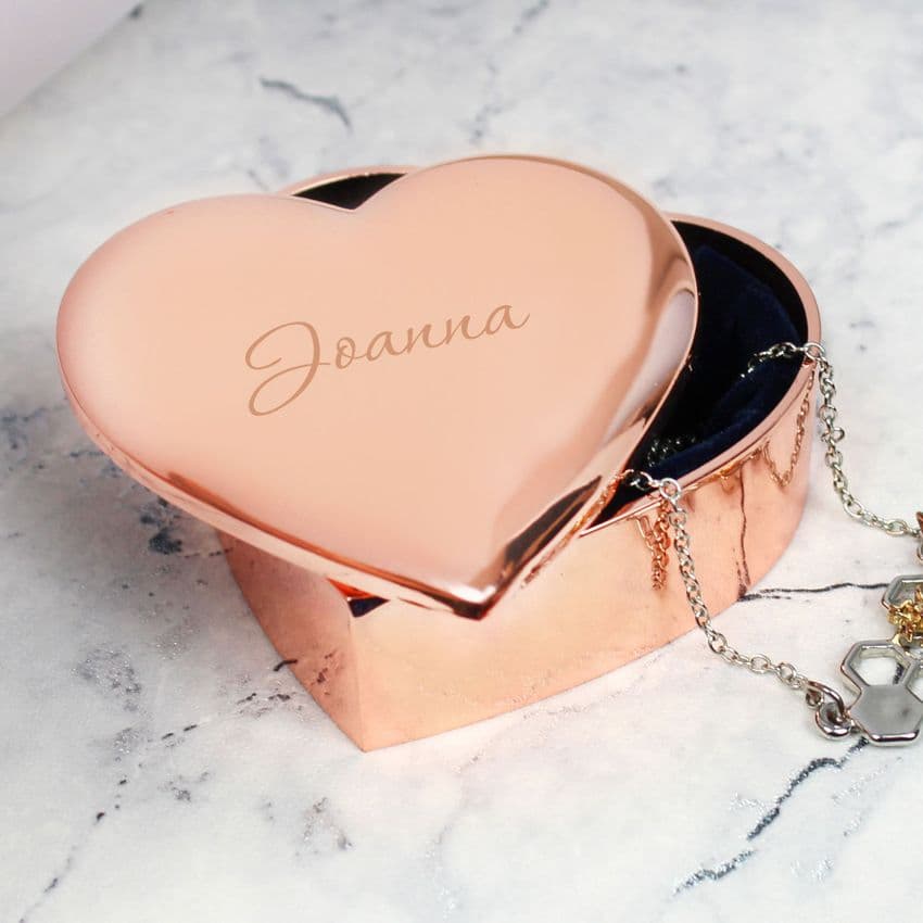 Rose Gold Personalised Heart Shaped Trinket Box Gift.