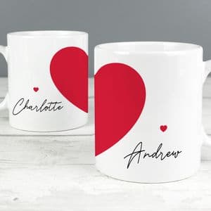 Personalised Set of 2 Red Heart Mugs Valentine, Anniversary & Wedding Gift