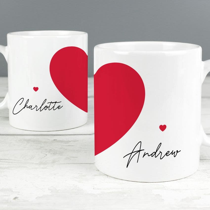 Personalised Set of 2 Red Heart Mugs Valentine, Anniversary & Wedding Gift Idea. Couples Love Mugs are perfect for lazy Sunday mornings and breakfast in bed.