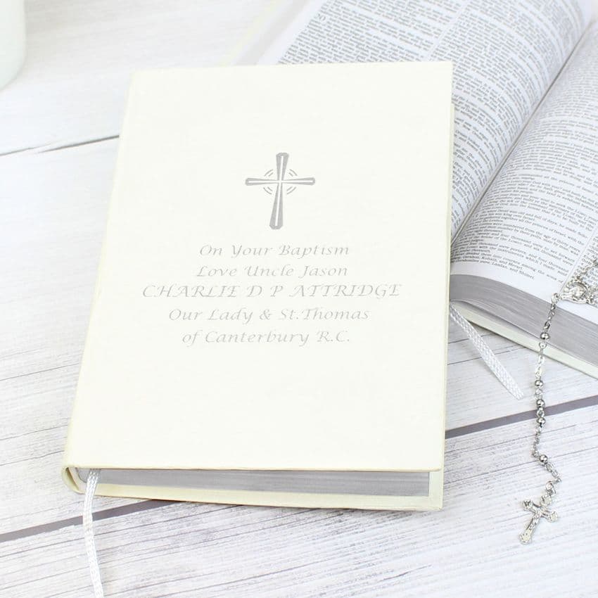 Personalised silver Cross Holy Bible Religious Gift For Baptism, Holy Communion, Confirmation and Christening.