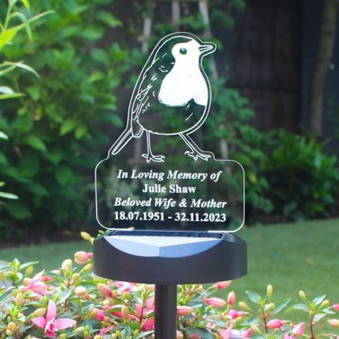 Personalised Solar Light Up Robin Grave Garden Memorial Tribute Ornament