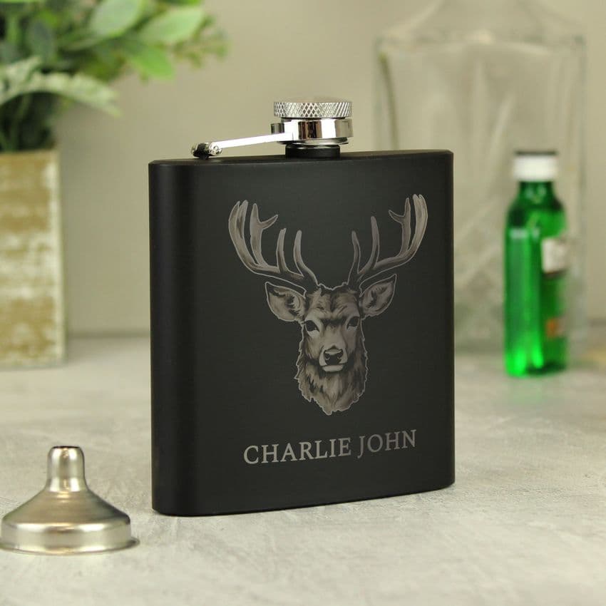 Personalised Stag Hip Flask - Add Any Name - Black Steel Hip Flask engraved with a custom name