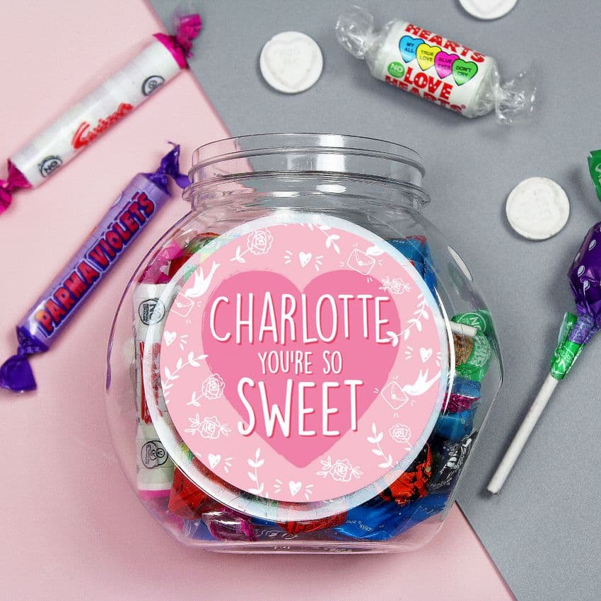 Personalised Sweet Jar Gift For Valentines Day, Birthdays and Special Friends. Makes a perfect Sweet 16 gift for party guests.