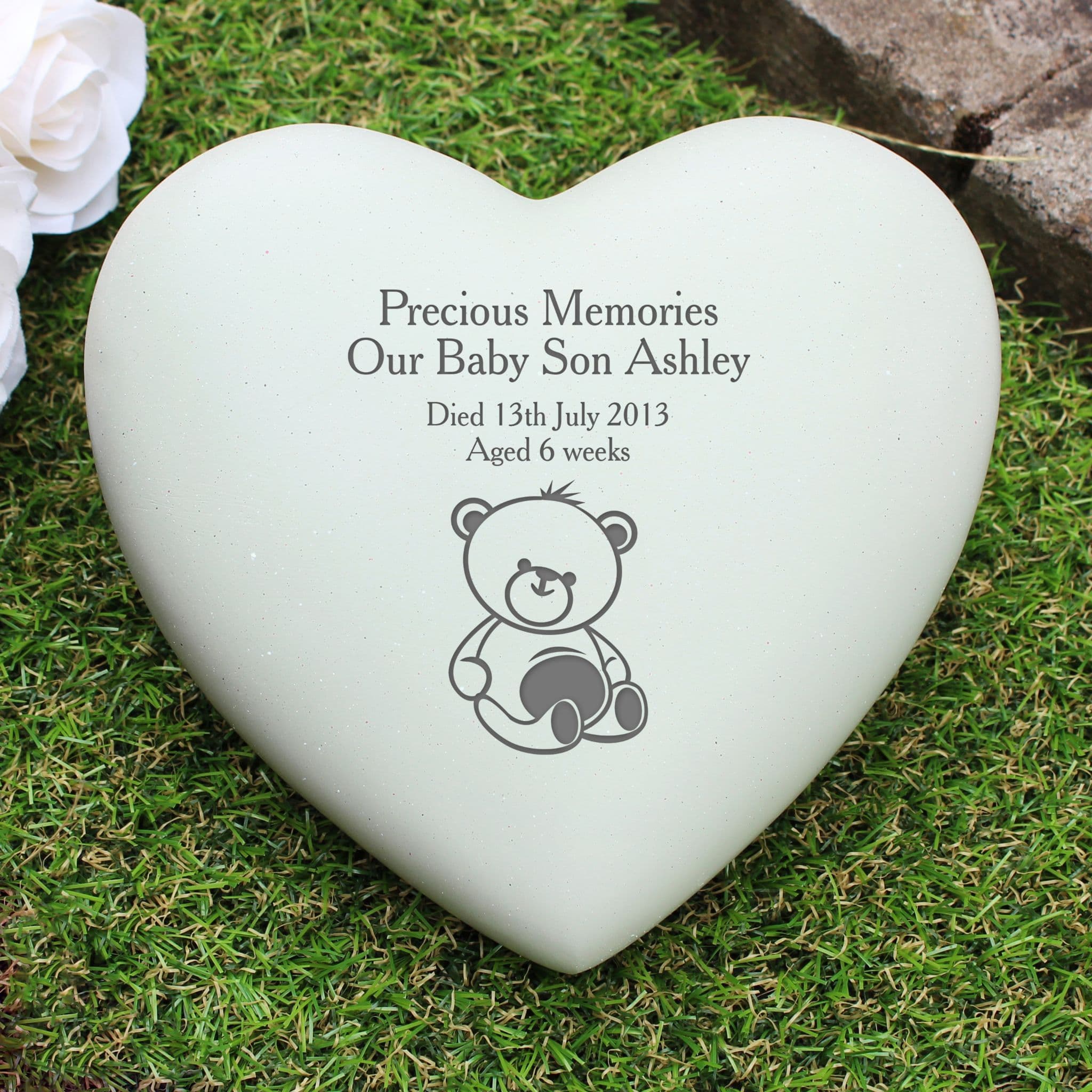 Personalised Teddy Bear Heart Memorial Stone Grave and Garden Ornament