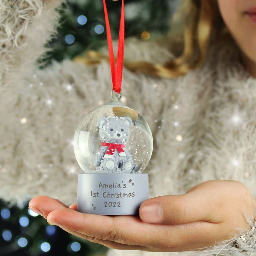 Personalised Teddy Bear Snow Globe Hanging Tree Decoration Ideal for Baby's first Christmas.