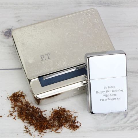 Personalised Tobacco Rolling Tin and Silver Lighter Set Gift For Fathers Day