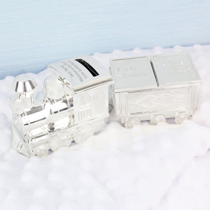 Personalised Train Money Box with 1st Tooth and Curl Trinket Box Gift for Baby