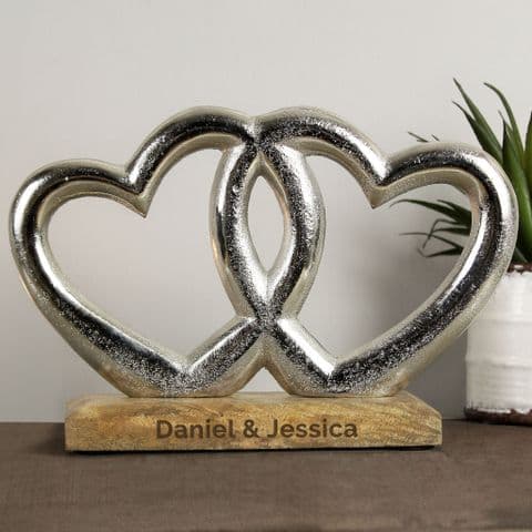 Personalised Twin Hearts Metal & Wooden Home Ornament Wedding Anniversary Gift
