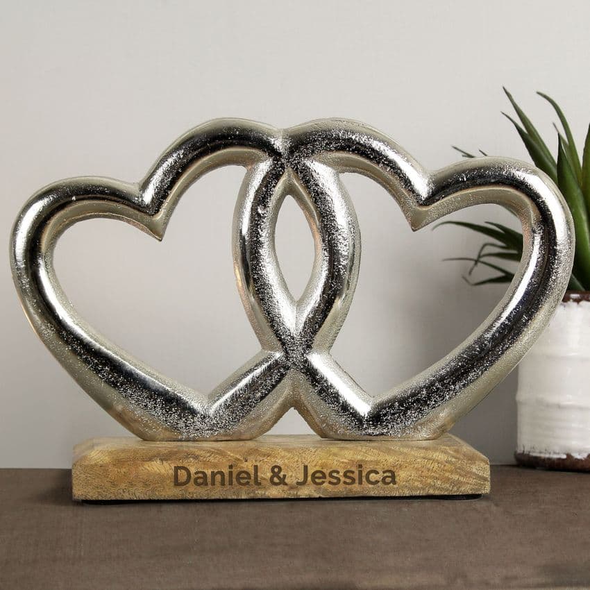 Personalised Twin Hearts Metal & Wooden Home Ornament contemporary Wedding, New Home and Anniversary Gift