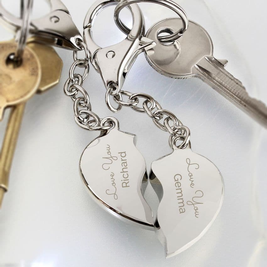 Personalised two hearts matching keyrings anniversary valentines friendship gift. Add any message to this couples keepsake gift.