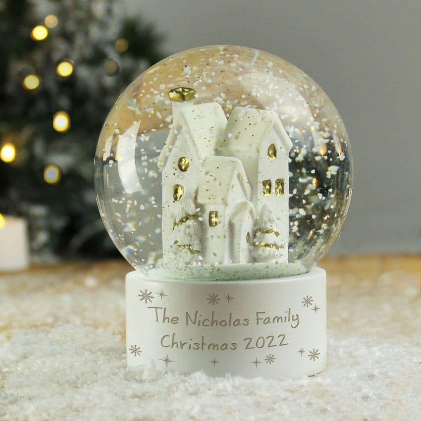 Personalised Village Scene Christmas Glitter Snow Globe Gift engraved with any message