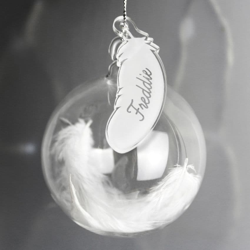 Personalised White Feather Christmas Bauble Gift Keepsake.  Engrave with any name for a truly unique Christmas gift.