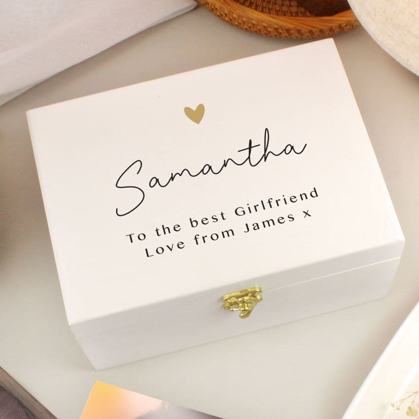Personalised White Memory Box With Gold Heart - Add any message